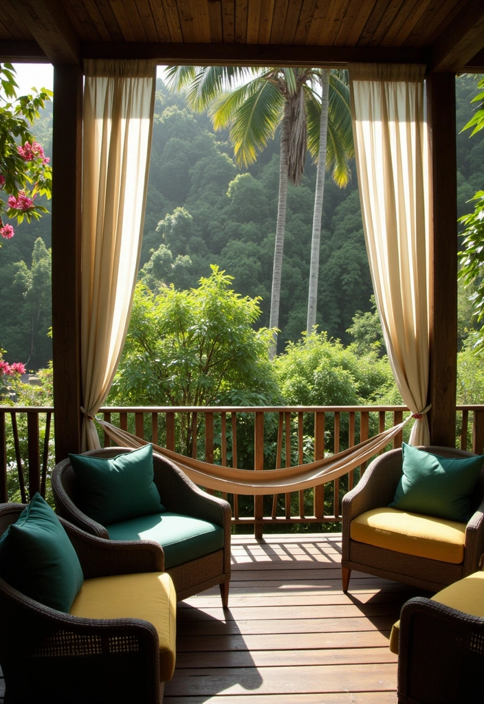 Imagine a veranda that feels like it's nestled within nature, where lush greenery dominates the view. Tall, dense plants—such as bamboo, large palm trees, and flowering vines—surround the edges of the space, creating an almost jungle-like ambiance. The deck itself is made from weathered wood, giving it an organic, rustic feel. The seating consists of deep wicker armchairs with cushions in shades of emerald and mustard. Soft, billowing curtains hang from the corners of the veranda, gently swaying in the breeze. A hammock is stretched between two wooden posts, inviting relaxation. A gentle stream of sunlight filters through the plants, casting dappled shadows across the space. This veranda feels like a natural extension of the outdoors, a tranquil retreat where the only sound is the rustling of leaves.