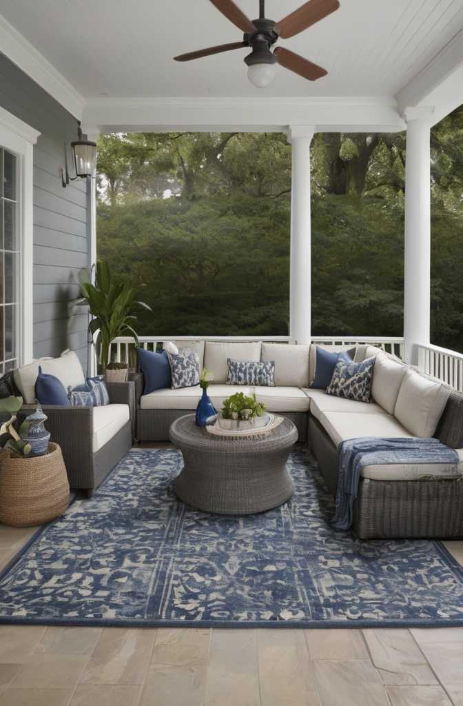 Envision a veranda that uses an area rug to define the central seating area and create a sense of comfort. The rug is large, plush, and woven with intricate patterns, featuring shades of deep blues, soft greys, and hints of gold. The rug ties together the seating area with a cozy sectional sofa and a couple of wicker chairs. The soft texture underfoot makes the veranda feel warm and inviting, while the bold design of the rug helps separate this space from the rest of the veranda, giving it a well-defined structure. A few potted plants are placed strategically around the edges, further drawing attention to the rug's vibrant colors. The natural light from the veranda’s open structure floods in, casting soft shadows on the rug's intricate design.