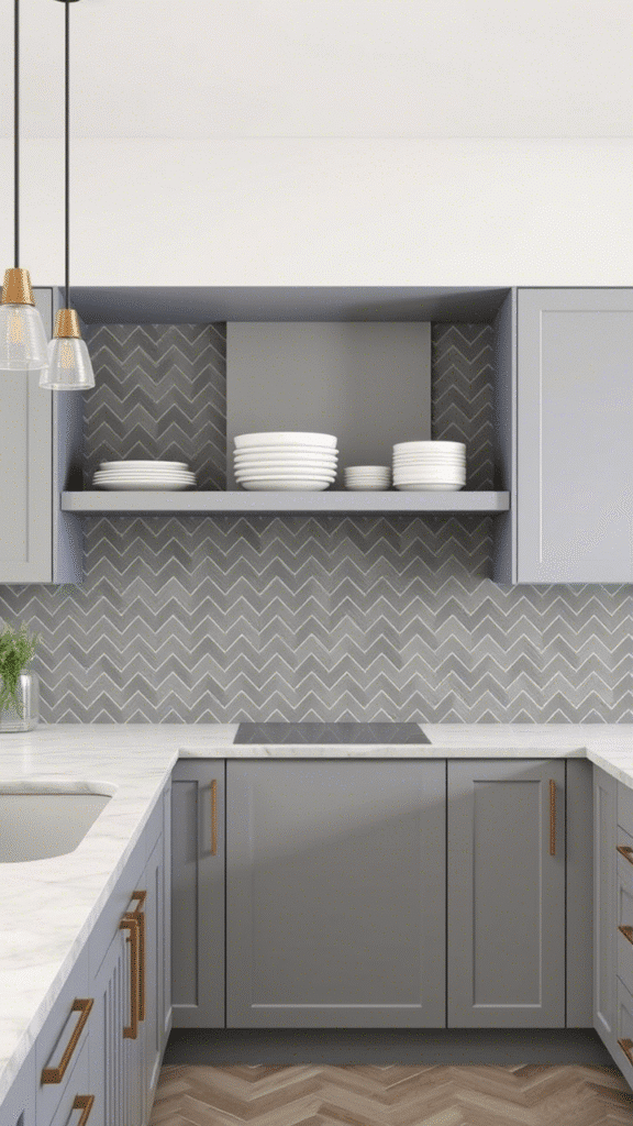 Gray Herringbone Tile Backsplash