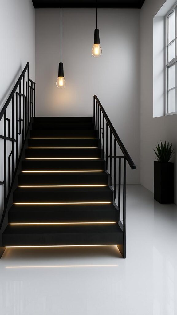 Floating Black Steps with White Wall Backdrop