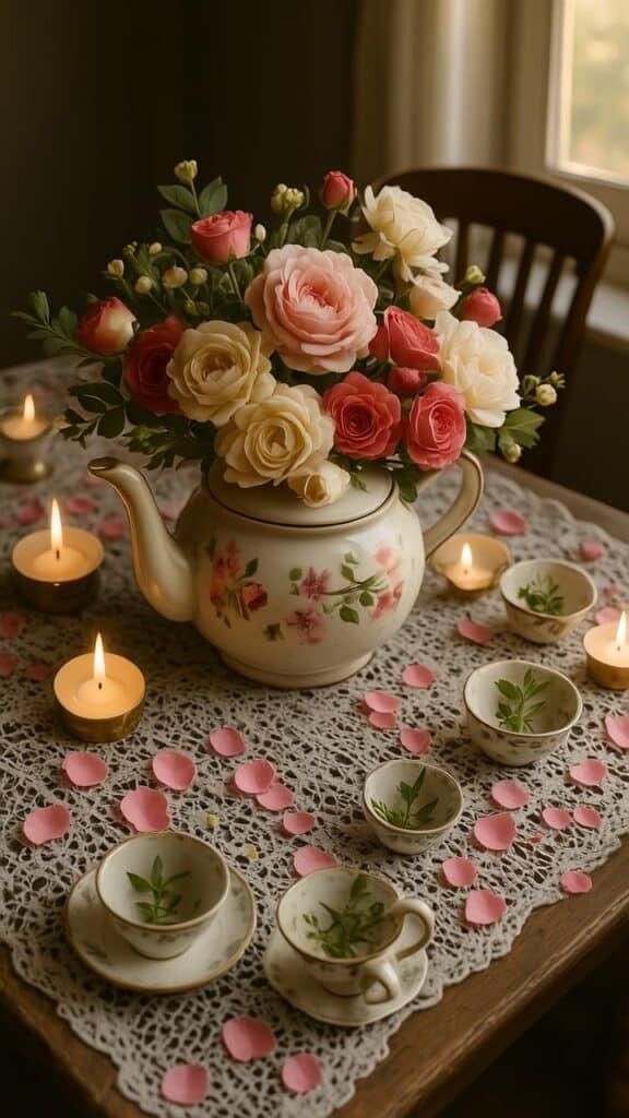 Blushing Blooms in a Vintage Teapot