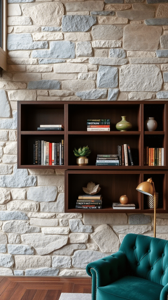 Stone Wall with Built-in Shelves