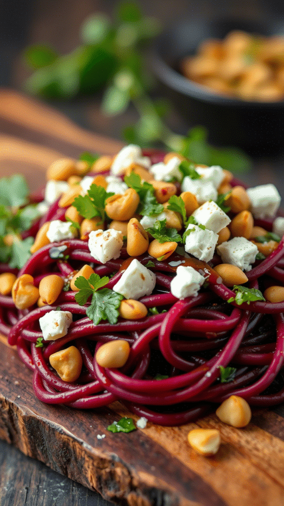 Beet Noodles with Goat Cheese and Pistachio